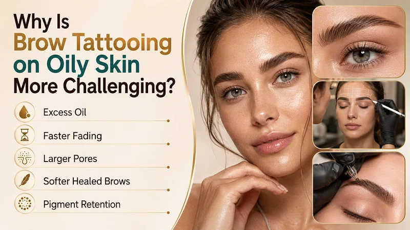 Why is brow tattooing on oily skin more challenging?