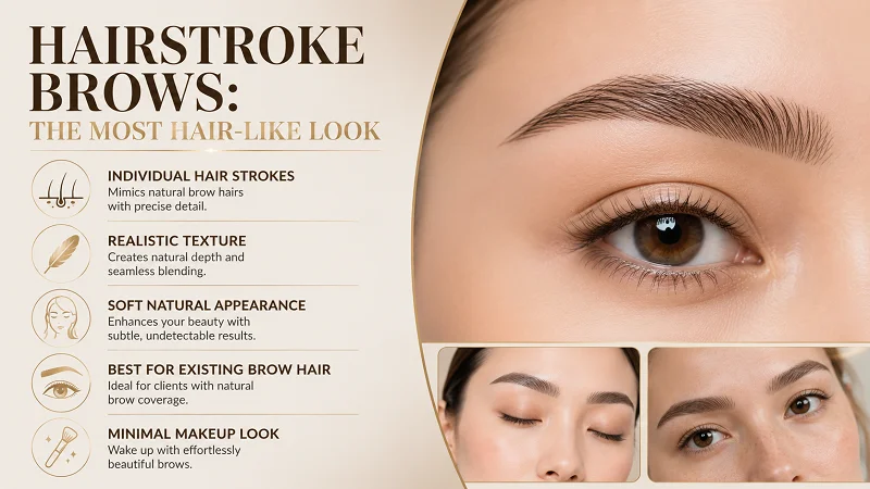 Hairstroke brows create individual hair-like strokes that imitate natural eyebrow growth. Hairstroke brows create individual hair-like strokes that imitate natural eyebrow growth.