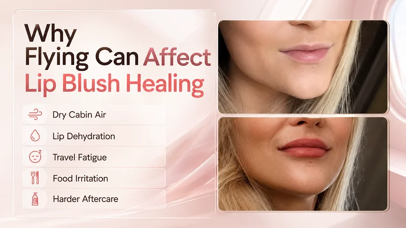 Why can flying affect lip blush healing?